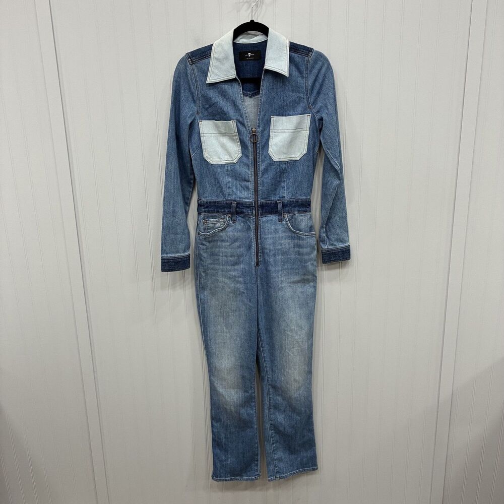 7 For All Mankind Women Blue Denim Patchwork Zip Long Sleeve Jumpsuit Size S